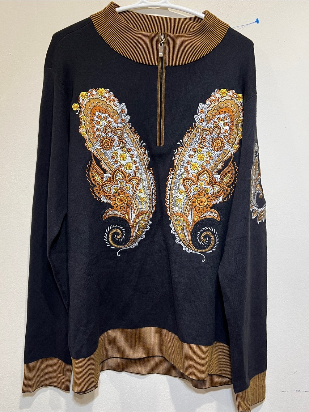 PRESTIGE ORIGINAL Men's Black Sweater with Gold Paisley Embroidery Size XL NWOT